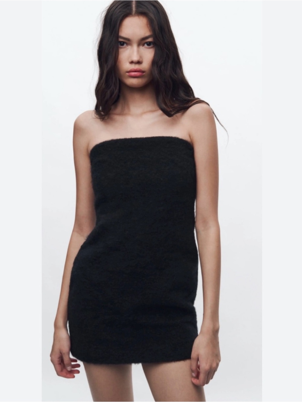 Black Zara NWT Strapless Black Fuzzy Mini Dress XS